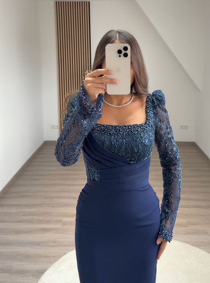 Long Sleeves V-Neck Prom Dress with Beads Sweep Train Evening Dress