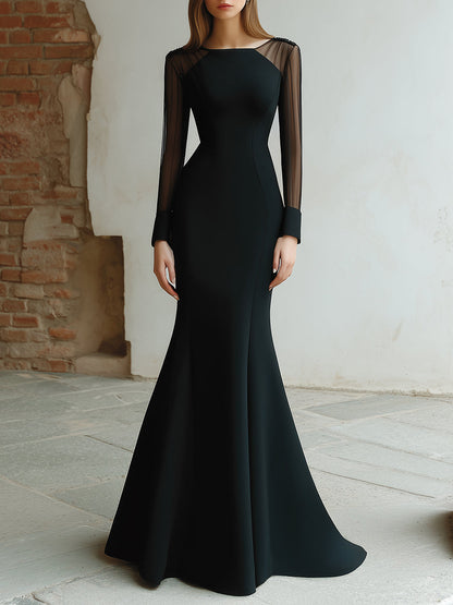 Black Mesh Sleeve Evening Gown