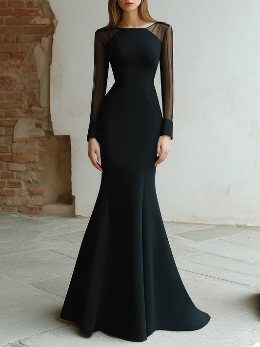 Black Mesh Sleeve Evening Gown