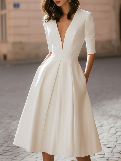 Elegant Deep V-Neck Pleated A-Line Midi Dress