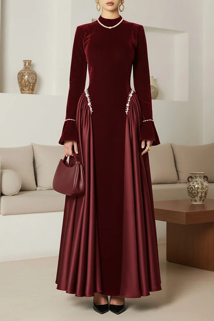 Velvet Patchwork Flare Sleeve Rhinestone Decor Party Maxi Dress