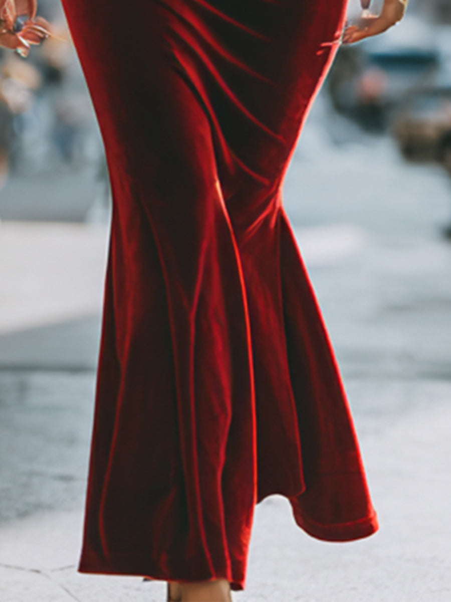 Cold Shoulder Red Velvet Gown With Halter Neckline