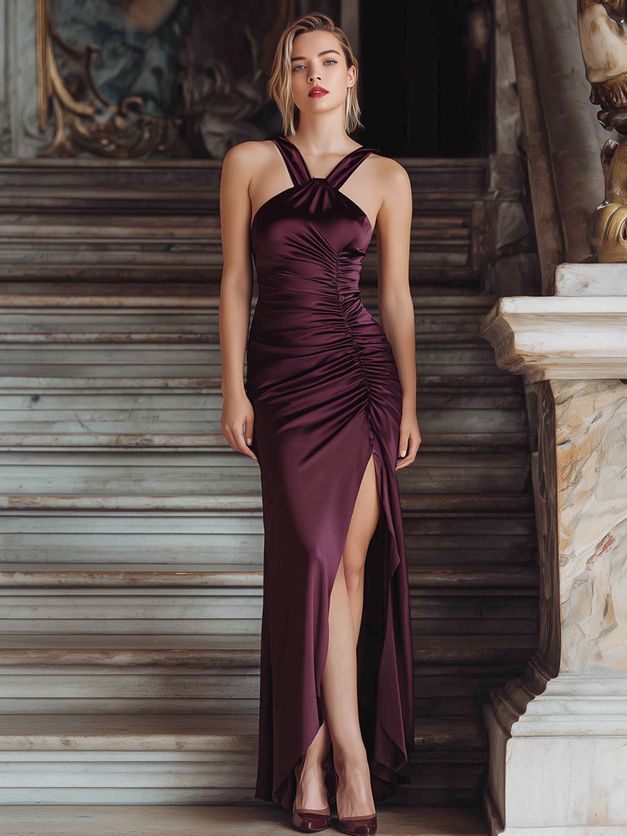 Burgundy Double-Strap Ruched Satin Gown