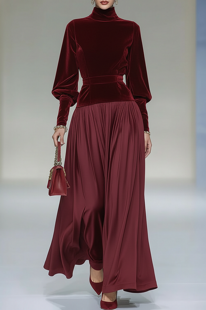 Velvet Patchwork Lantern Sleeve Pleated Hem Party Maxi Dress