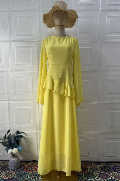 Round Neck Flare Sleeve Ruffled Solid Color Maxi Dresses