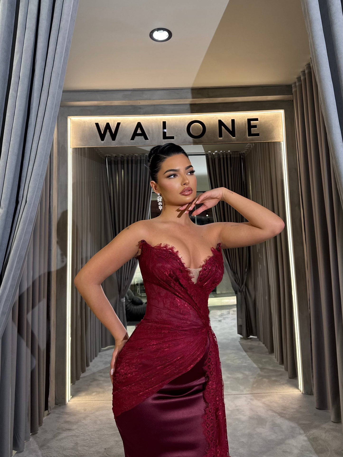 Lace Gown with Corset Bodice and Draped Side Train