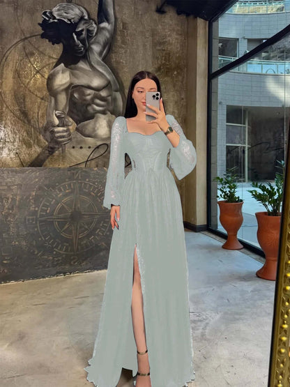 Lantern Long Sleeves Long A-Line Pleated Prom Dress With Split And Corset