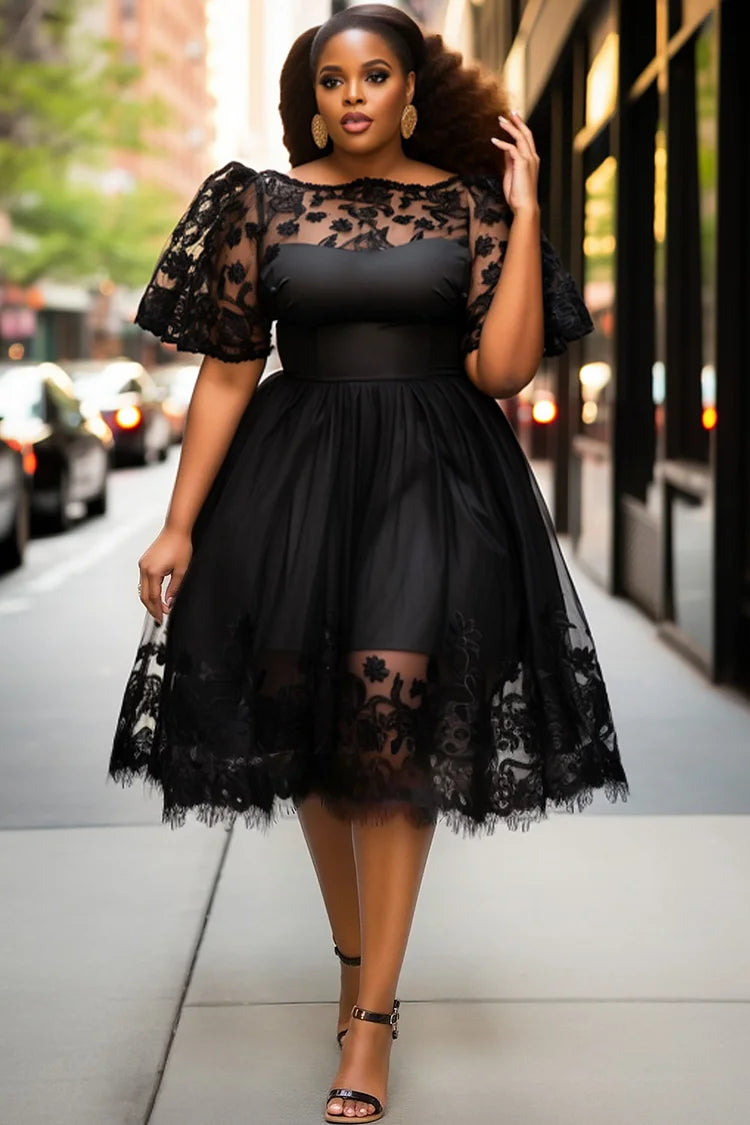 Party Black Boat Neck See Through Elegant Lace Tulle Midi Dresses