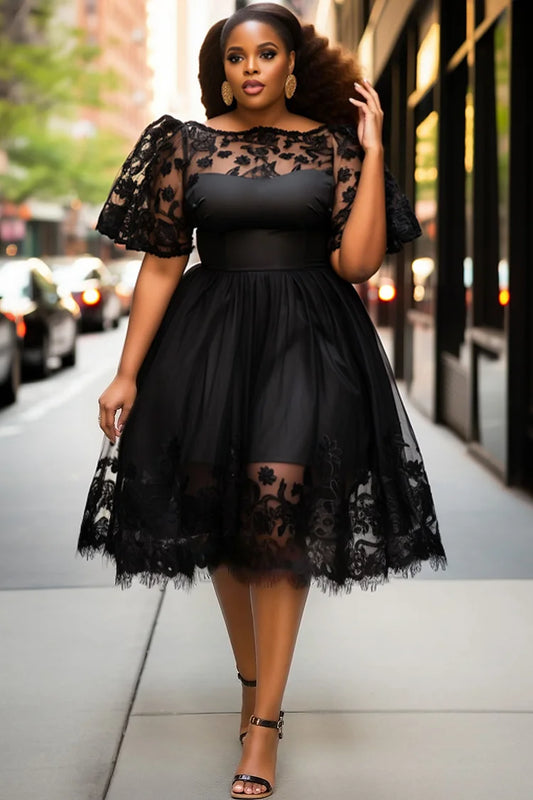 Party Black Boat Neck See Through Elegant Lace Tulle Midi Dresses