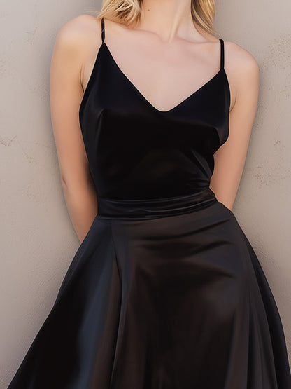 Satin Ruffled Midi Dress With Spaghetti Straps