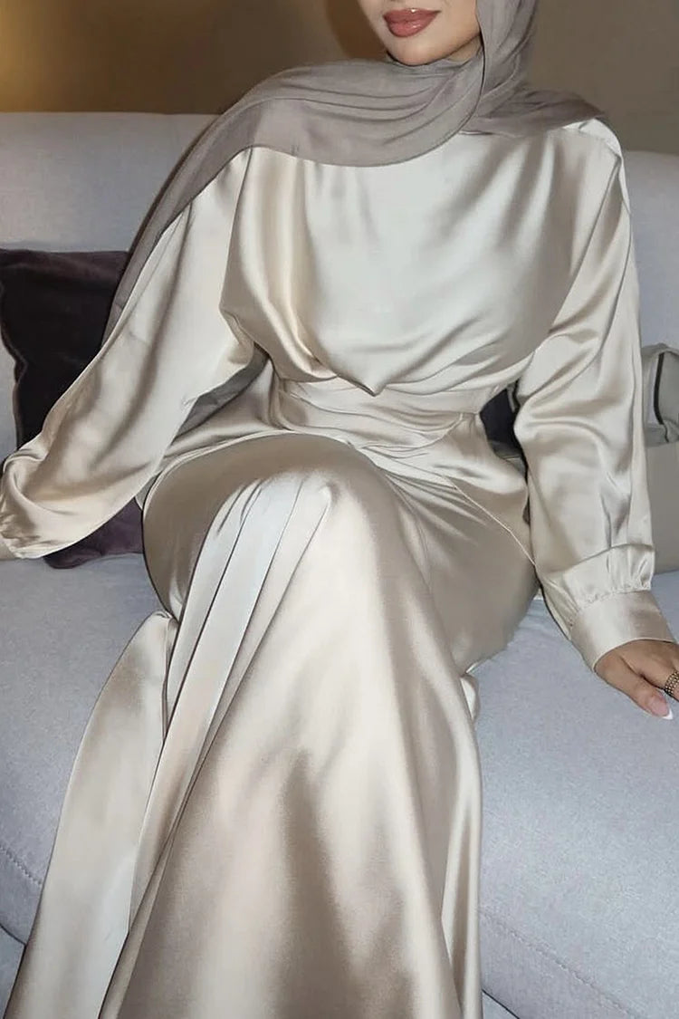 Solid Color Cinch Waist Long Sleeve Top Maxi Skirt 2pcs Set