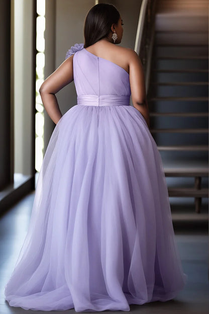Purple Elegant Oblique Collar 3D Split Tulle Maxi Dresses
