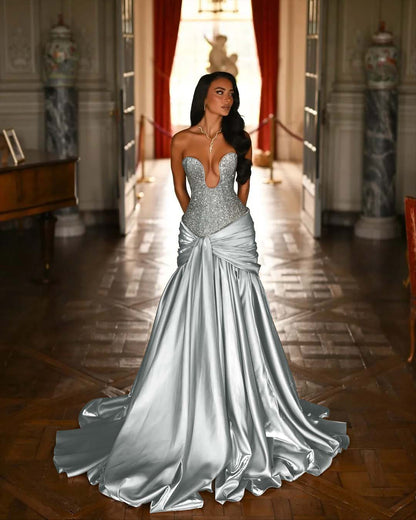 V-Neck Strapless Sleeveless Long Pleated Mermaid Prom Dress With Ruffles And Beadings