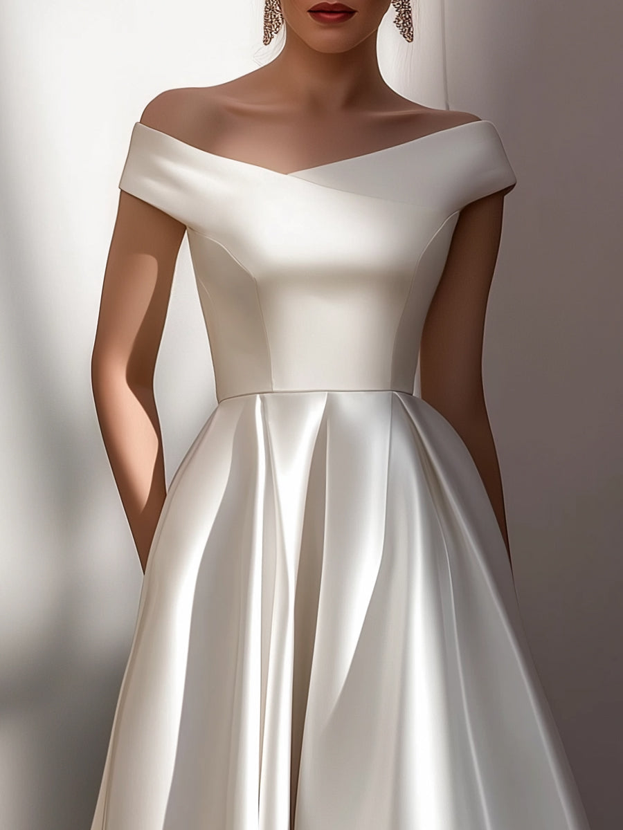 Off-Shoulder Satin Sculpted Midi Dress