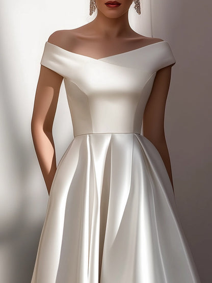 Off-Shoulder Satin Sculpted Midi Dress