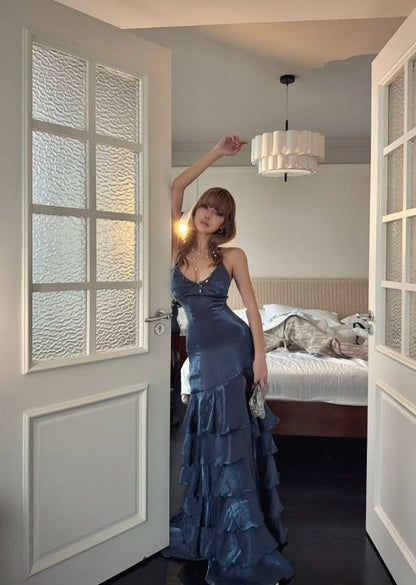 Mermaid V-neck Sheath Long Prom Dresses Fine Glitter Navy Blue Long Formal Dress