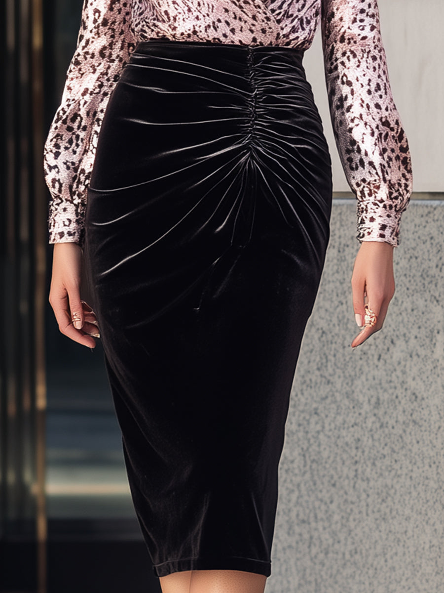 Velvet High-Waist Midi Dress With Printed Wrap Bodice