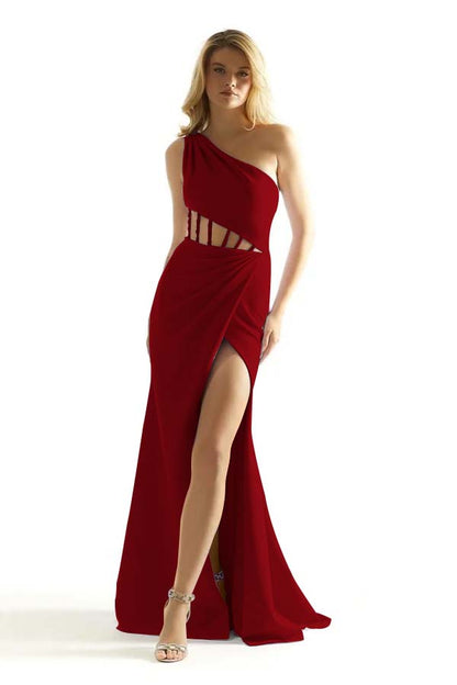 One Shoulder Sleeveless Long Mermaid Prom Dress With Split Pleated