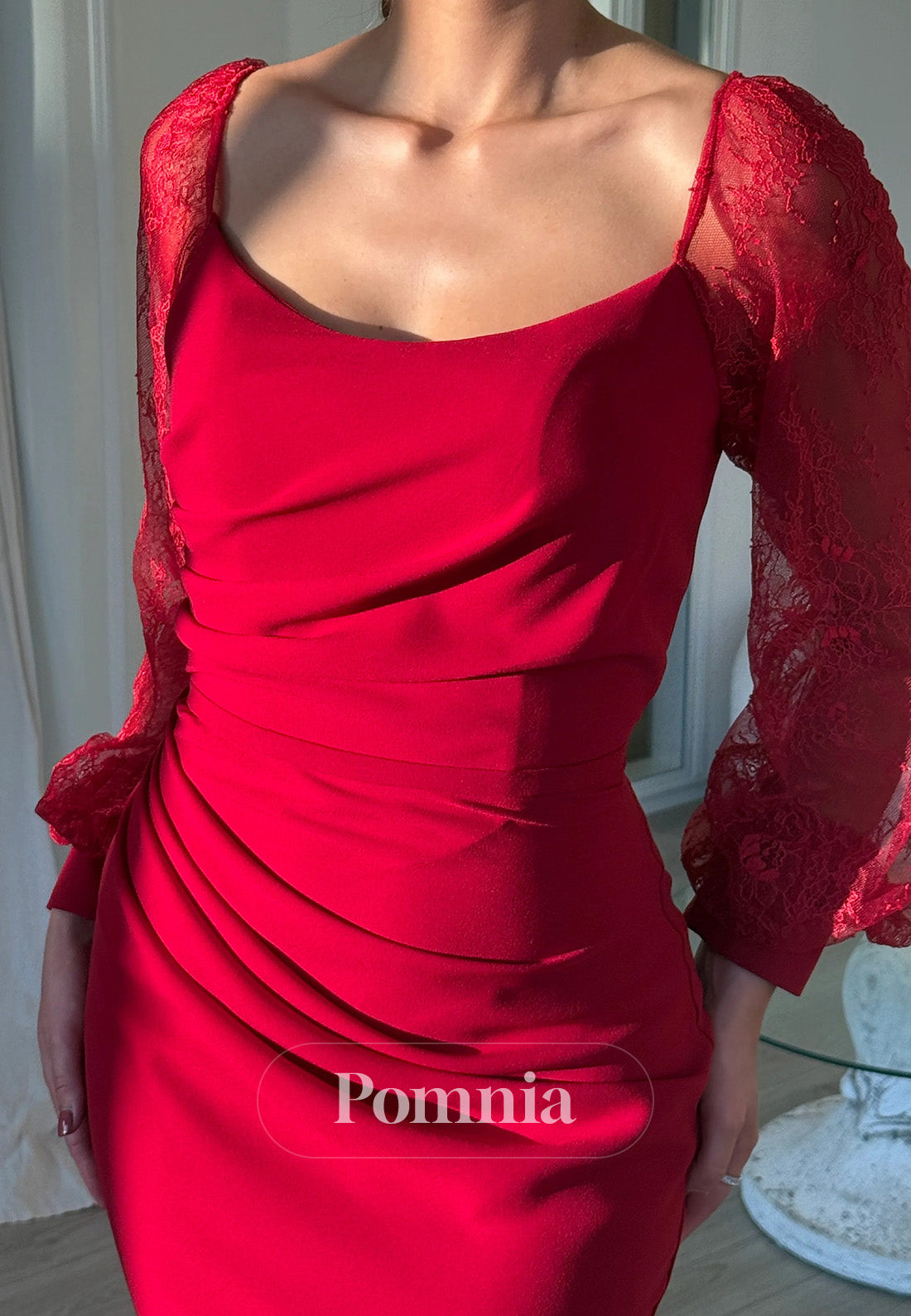 Long Sleeves Scoop Sheath Ruched Satin Prom Dress