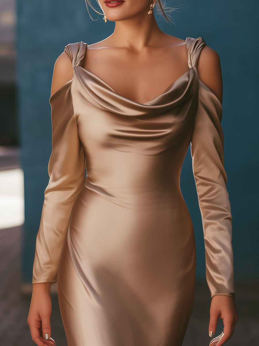 Luxurious Off-Shoulder Satin Evening Gown With Cowl Neckline
