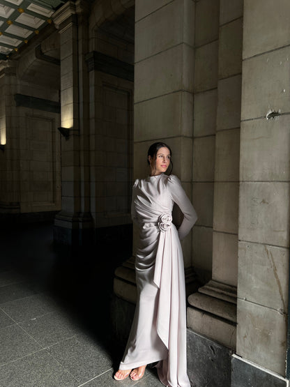 Beige Ankle Length Ruched Long Sleeves 3D Flower Evening Formal Dress