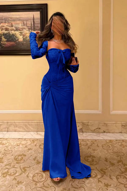 Sweetheart Strapless Long Sleeves Long Pleated Mermaid Prom Dress With Bow