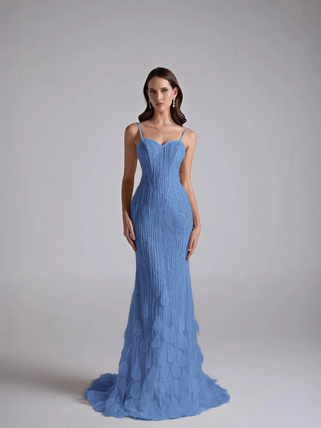 Spaghetti Straps Sleeveless Long Mermaid Prom Dress With Petals And Sequins