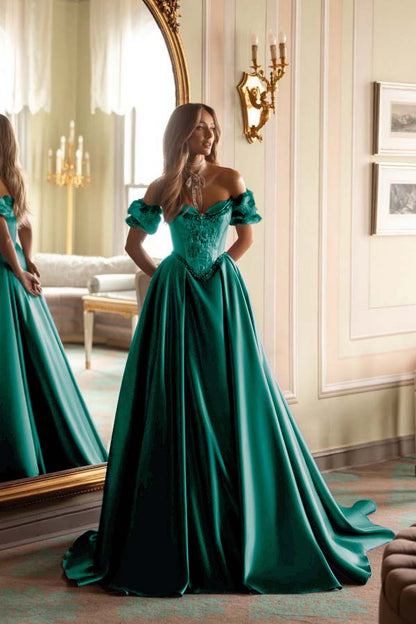 Short Sleeves Long A-Line Prom Dress With Embroidered And Pleated