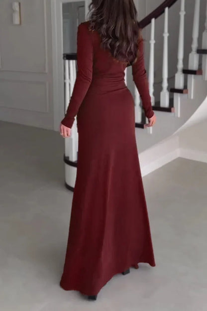 Patchwork Round Neck Long Sleeve Ruched Slim Fit Maxi Dresses