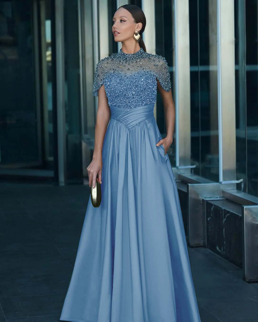 High-Neck Short Sleeves Long A-Line Pleated Prom Dress With Pockets And Beadings