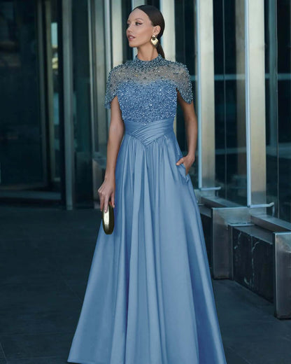 High-Neck Short Sleeves Long A-Line Pleated Prom Dress With Pockets And Beadings