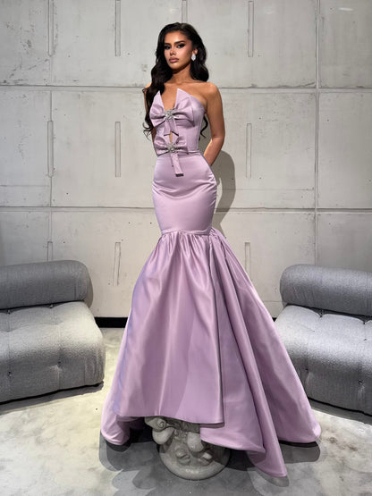 Long Dress Satin Mermaid with Crystal Bows