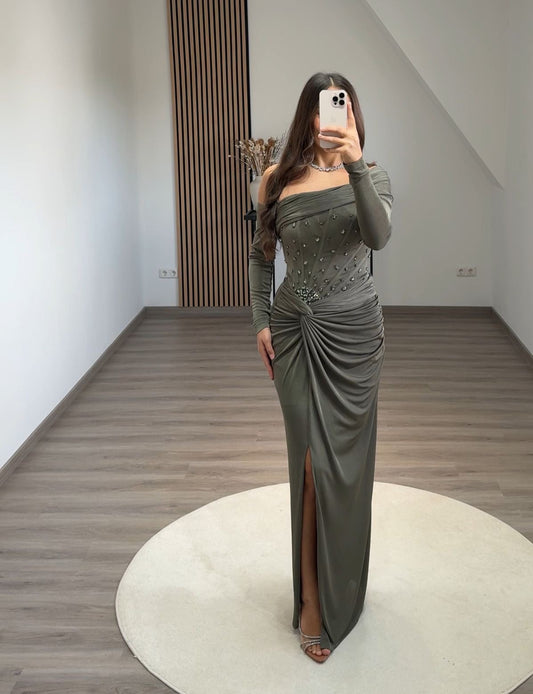 A-Line Strapless Cap Sleeves Appliques Empire-Waist Prom Evening Dress