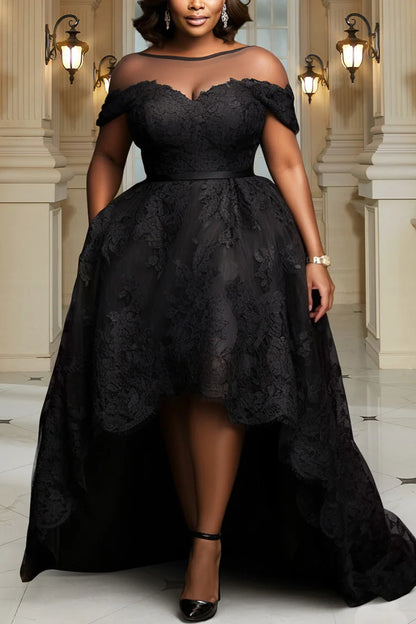 Mother Of The Bride Black Round Neck Short Sleeve High Low Hem Elegant See Through Lace Midi Dress