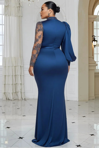 Design Plus Size Formal Blue Mock Neck Lantern Sleeve
