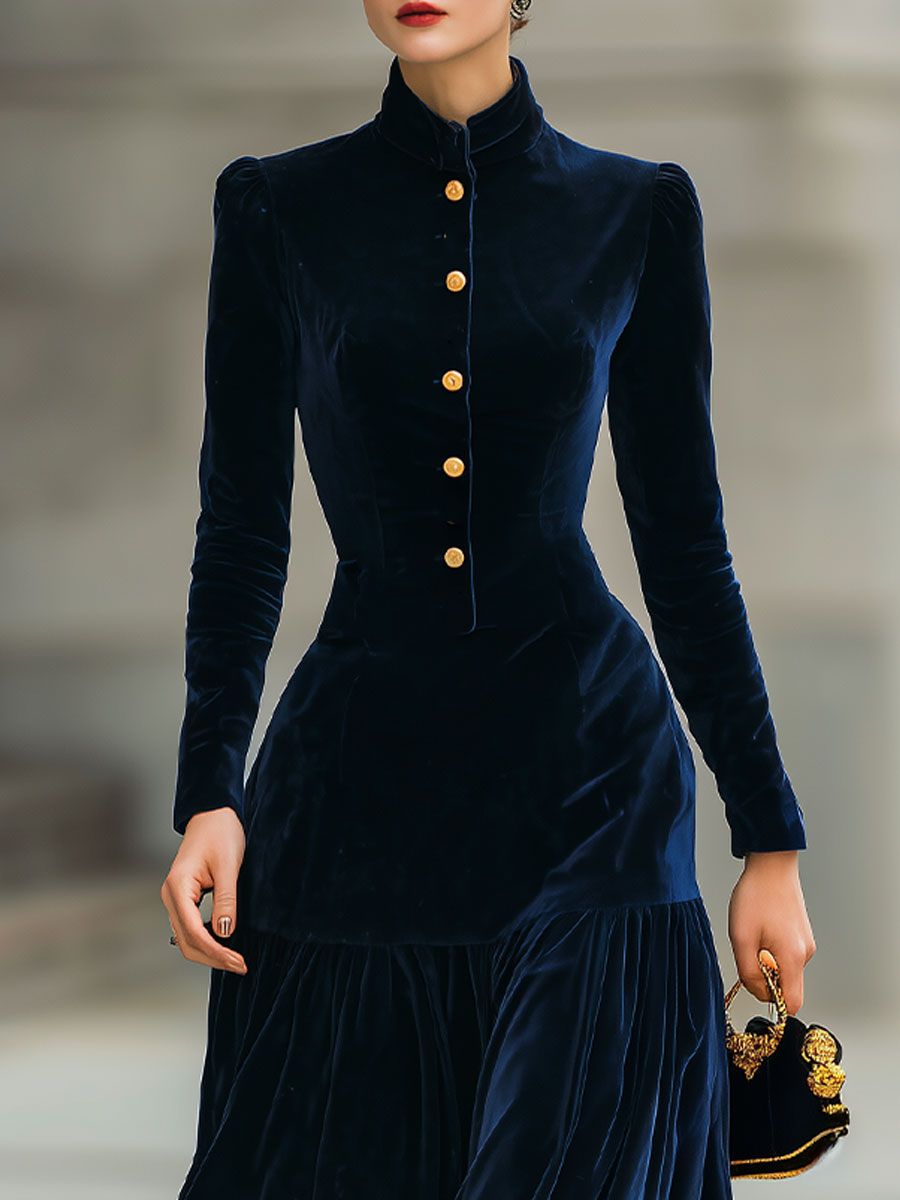 Regal Navy Velvet Dress With Pleated Hem
