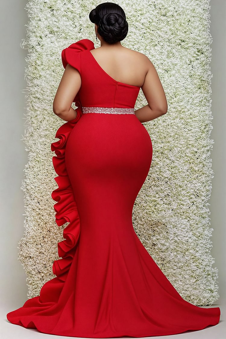 Formal Red One Shoulder Bodycon Elegant Ruffle Satin Maxi Dresses