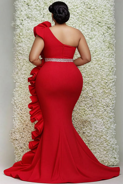 Formal Red One Shoulder Bodycon Elegant Ruffle Satin Maxi Dresses