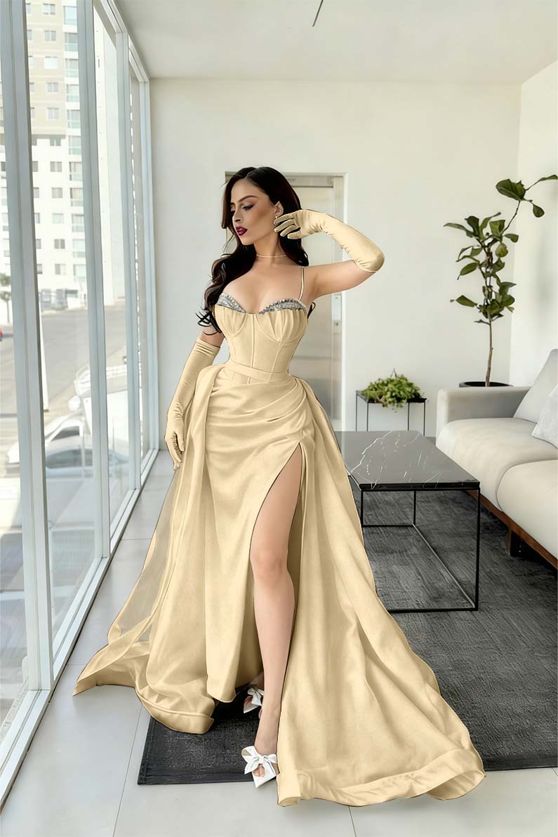 Spaghetti Strap Sleeveless Long Mermaid Prom Dress With Split Gloves