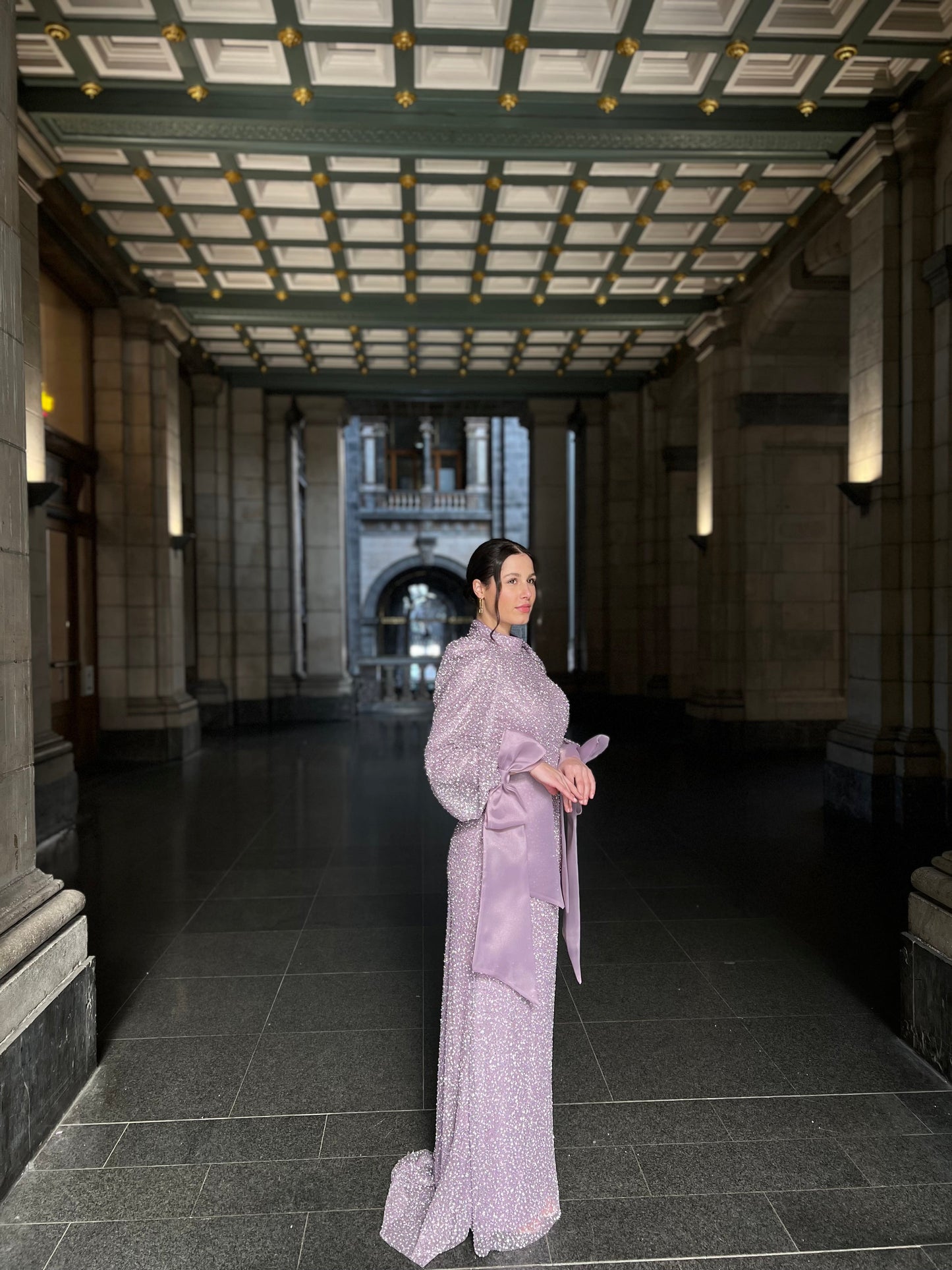 Lilac Beaded High Neck Bowknot Long Sleeves Evening Formal Dress