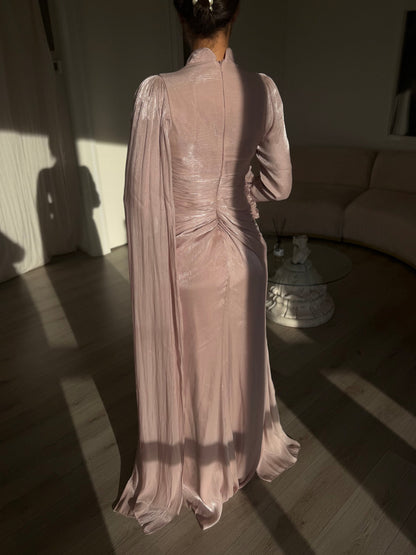 Blushing Pink Long Sleeves High Neck Ruched Evening Dress