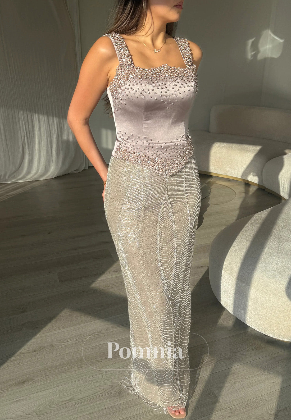 Charming Spaghetti Straps Square Pearls Sheath Prom Dress