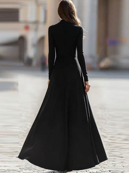 Black Long Sleeve Zip-Front Maxi Dress - Timeless Elegance For Formal Glamour
