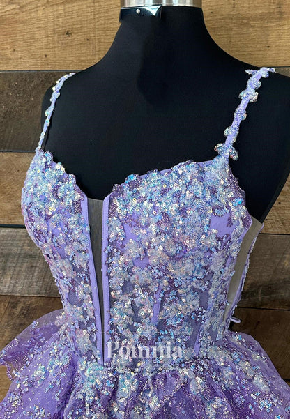 Charming A-Line Tulle Sequin Lace-Up Tiered Short Homecoming Dress