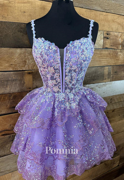 Charming A-Line Tulle Sequin Lace-Up Tiered Short Homecoming Dress