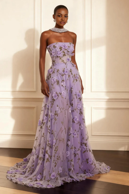 Purple A Line Strapless Sleeveless 3D Floral Backless Long Prom Dress