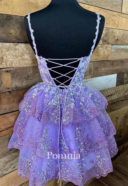 Charming A-Line Tulle Sequin Lace-Up Tiered Short Homecoming Dress