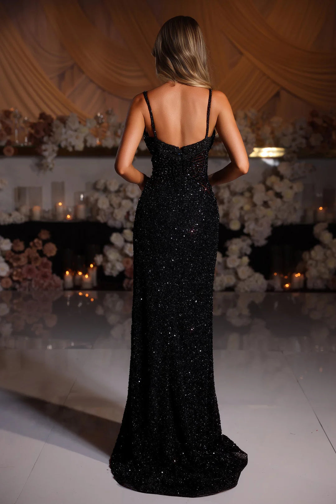 Spaghetti Straps Sequins Sparkle Sleevless Mermaid Side Slit Prom Dress