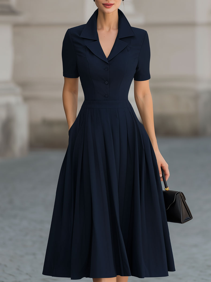 The Deep Navy Shirt Collar Fit-and-Flare Midi Dress