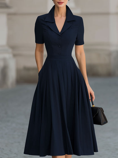 The Deep Navy Shirt Collar Fit-and-Flare Midi Dress